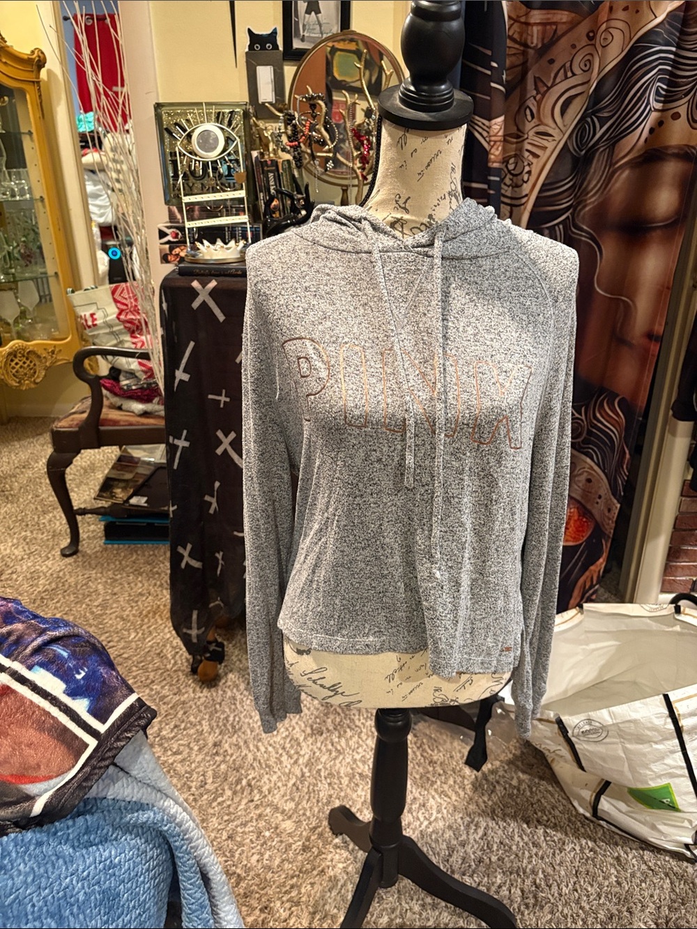 PINK Victoria's Secret Gray Marled Cropped Hoodie with Pink Logo